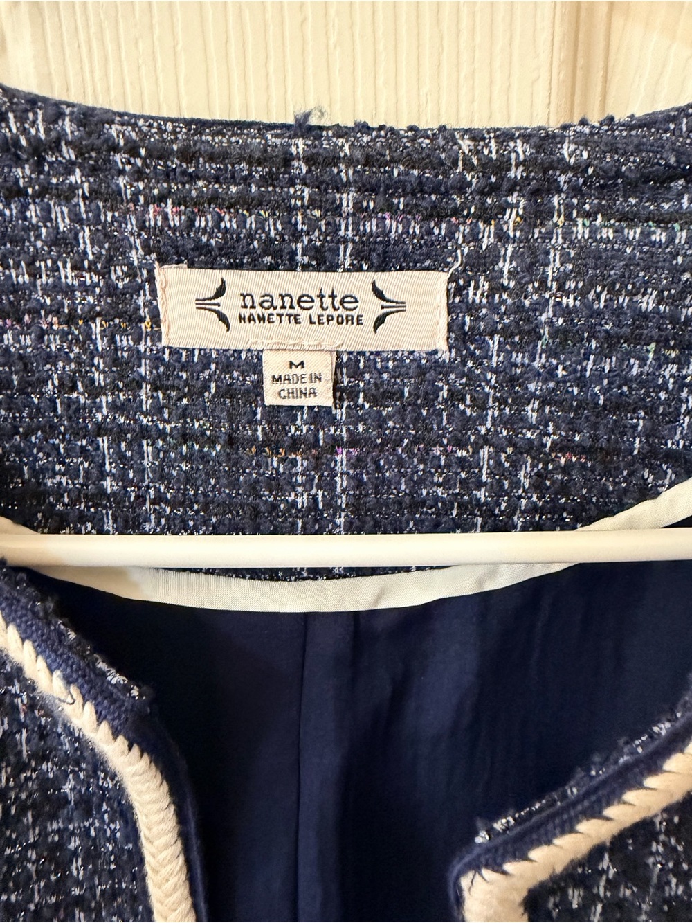 Nanette Lepore Navy Tweed Collarless Jacket with Cream Trim - Picture 3 of 4